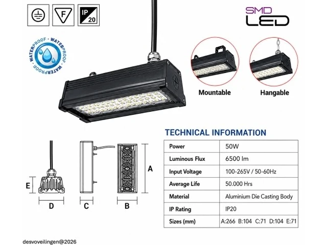 6 x led industriële hanglamp 50w – 6400k koud wit - zwart – ip20 – pyramid-50 - afbeelding 5 van  6