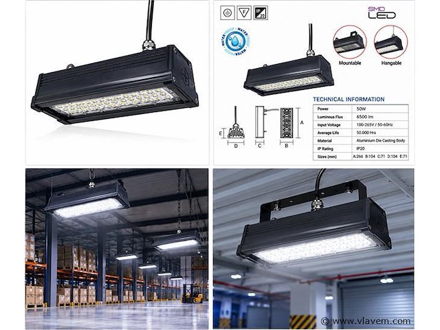 6 x led industriële hanglamp 50w – 6400k koud wit - zwart – ip20 – pyramid-50 - afbeelding 5 van  5