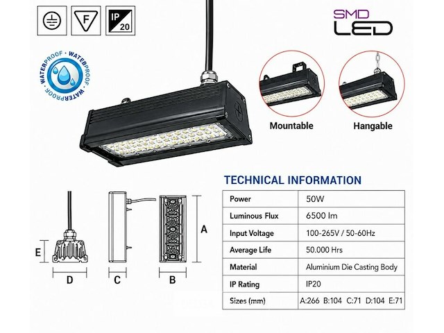 6 x led industriële hanglamp 50w – 6400k koud wit - zwart – ip20 – pyramid-50 - afbeelding 5 van  6