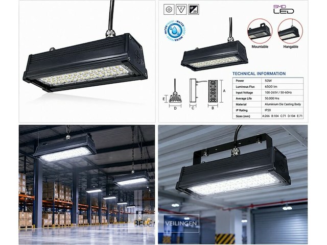 6 x led industriële hanglamp 50w – 6400k koud wit - zwart – ip20 – pyramid-50 - afbeelding 6 van  6