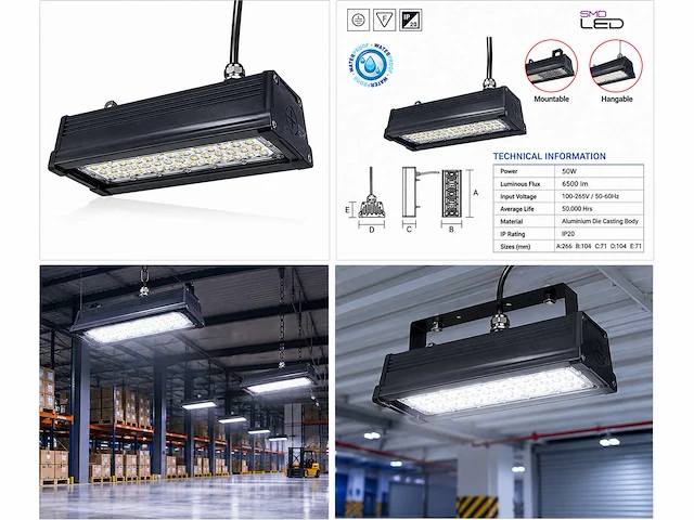 6 x led industriële hanglamp 50w – 6400k koud wit - zwart – ip20 – pyramid-50 - afbeelding 5 van  5