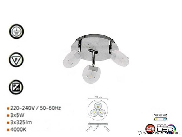 6 x led plafondlamp – 3 spots – 3 x 5w – 4000k neutraal wit – zilver – hl7160l - afbeelding 3 van  4
