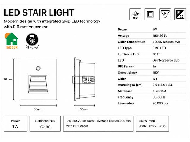 6 x led trapverlichting 1w – 4200k neutraal wit - wit – pir sensor – ip20 – diamond - afbeelding 2 van  5