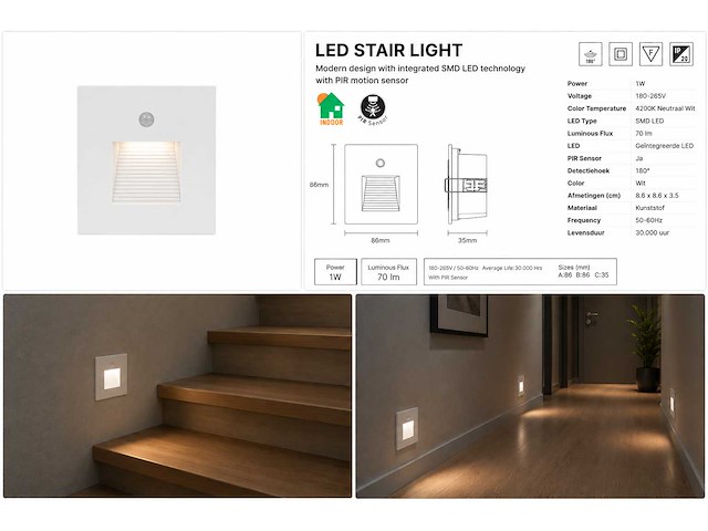 6 x led trapverlichting 1w – 4200k neutraal wit - wit – pir sensor – ip20 – diamond - afbeelding 5 van  5