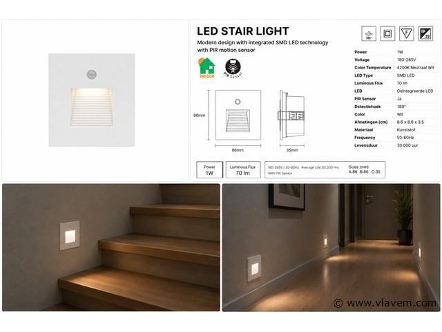 6 x led trapverlichting 1w – 4200k neutraal wit - wit – pir sensor – ip20 – diamond - afbeelding 5 van  5