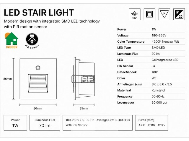 6 x led trapverlichting 1w – 4200k neutraal wit - wit – pir sensor – ip20 – diamond - afbeelding 5 van  6