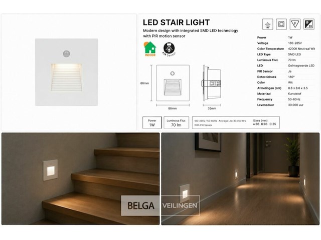 6 x led trapverlichting 1w – 4200k neutraal wit - wit – pir sensor – ip20 – diamond - afbeelding 6 van  6