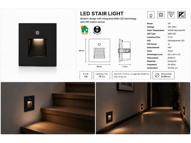6 x led trapverlichting 1w – 4200k neutraal wit - zwart – pir sensor – ip20 – diamond - afbeelding 3 van  5