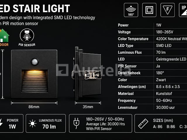 6 x led trapverlichting 1w – 4200k neutraal wit - zwart – pir sensor – ip20 – diamond - afbeelding 3 van  5