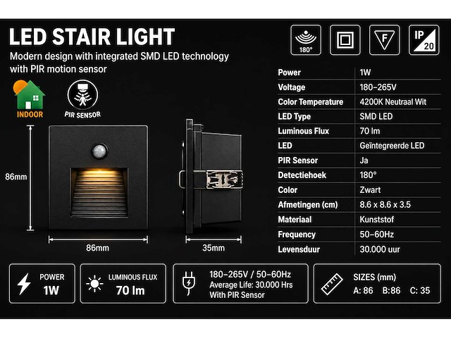6 x led trapverlichting 1w – 4200k neutraal wit - zwart – pir sensor – ip20 – diamond - afbeelding 4 van  5