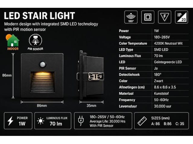 6 x led trapverlichting 1w – 4200k neutraal wit - zwart – pir sensor – ip20 – diamond - afbeelding 4 van  5