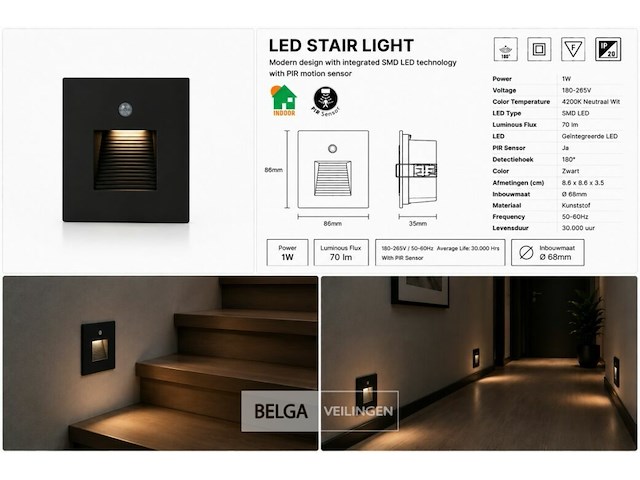 6 x led trapverlichting 1w – 4200k neutraal wit - zwart – pir sensor – ip20 – diamond - afbeelding 6 van  6