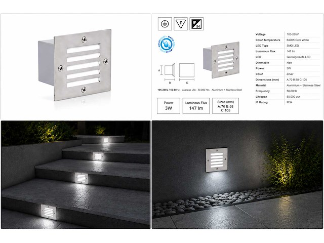 6 x led trapverlichting 3w - 6400k koud wit – ip54 – akik - afbeelding 5 van  5