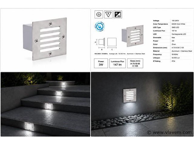 6 x led trapverlichting 3w - 6400k koud wit – ip54 – akik - afbeelding 5 van  5