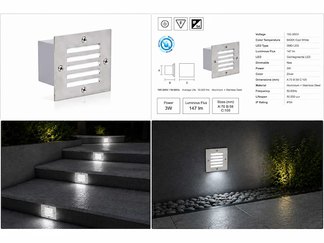 6 x led trapverlichting 3w - 6400k koud wit – ip54 – akik - afbeelding 5 van  5