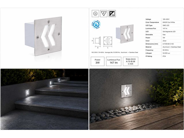 6 x led trapverlichting 3w - 6400k koud wit – ip54 – oniks - afbeelding 5 van  5