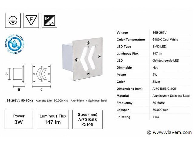 6 x led trapverlichting 3w - 6400k koud wit – ip54 – oniks - afbeelding 4 van  5
