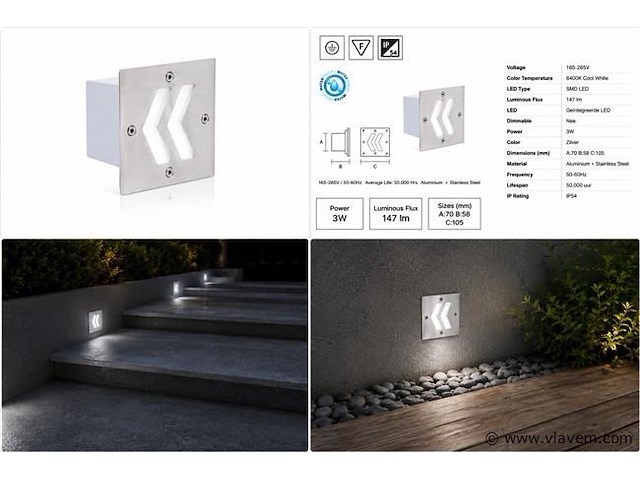 6 x led trapverlichting 3w - 6400k koud wit – ip54 – oniks - afbeelding 5 van  5