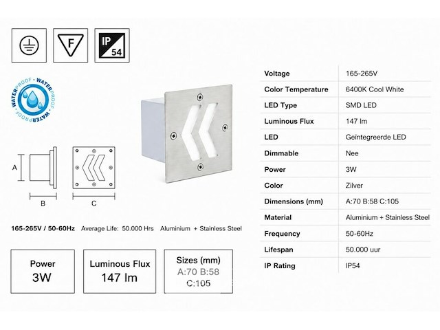 6 x led trapverlichting 3w - 6400k koud wit – ip54 – oniks - afbeelding 5 van  6