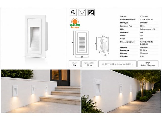 6 x led trapverlichting 3w – 3000k warm wit - rechthoek – wit – ip54 – yoga-v1 - afbeelding 5 van  5