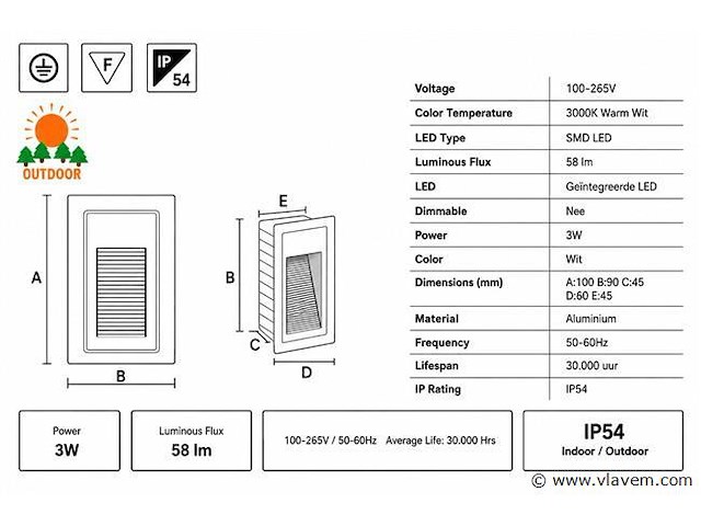 6 x led trapverlichting 3w – 3000k warm wit - rechthoek – wit – ip54 – yoga-v1 - afbeelding 4 van  5
