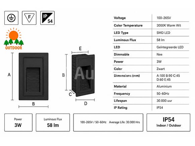 6 x led trapverlichting 3w – 3000k warm wit - rechthoek – zwart – ip54 – yoga-v1 - afbeelding 3 van  5