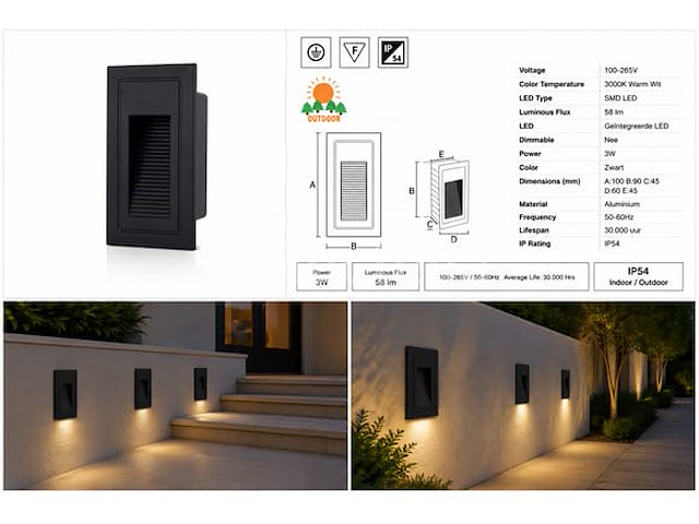 6 x led trapverlichting 3w – 3000k warm wit - rechthoek – zwart – ip54 – yoga-v1 - afbeelding 5 van  5