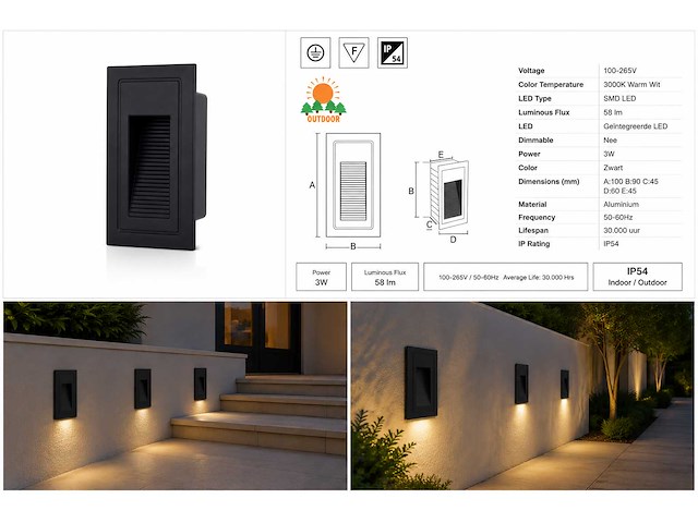 6 x led trapverlichting 3w – 3000k warm wit - rechthoek – zwart – ip54 – yoga-v1 - afbeelding 5 van  5