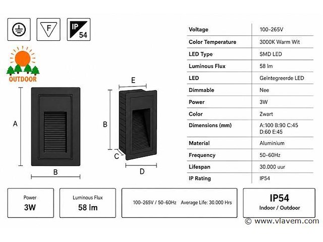 6 x led trapverlichting 3w – 3000k warm wit - rechthoek – zwart – ip54 – yoga-v1 - afbeelding 4 van  5