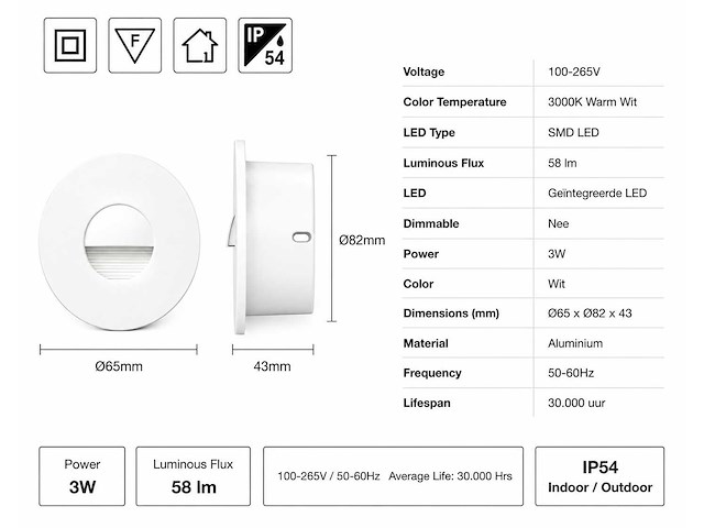 6 x led trapverlichting 3w – 3000k warm wit - rond – wit – ip54 – icon-r - afbeelding 4 van  5
