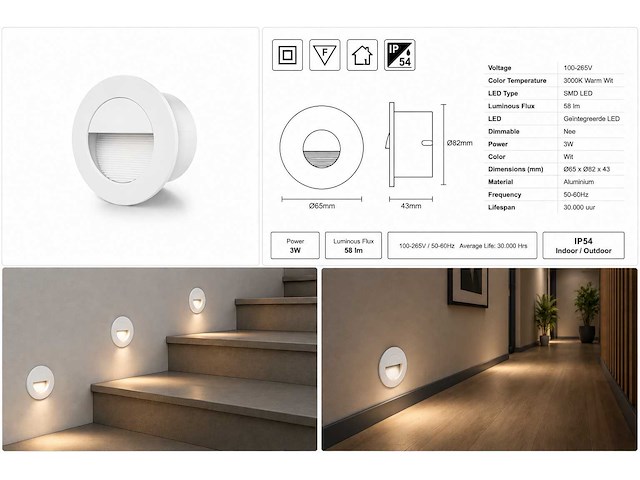 6 x led trapverlichting 3w – 3000k warm wit - rond – wit – ip54 – icon-r - afbeelding 5 van  5