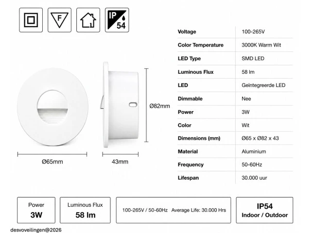 6 x led trapverlichting 3w – 3000k warm wit - rond – wit – ip54 – icon-r - afbeelding 5 van  6