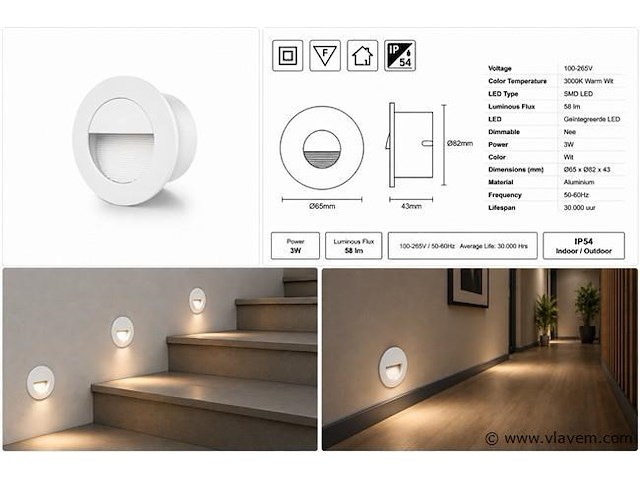 6 x led trapverlichting 3w – 3000k warm wit - rond – wit – ip54 – icon-r - afbeelding 5 van  5