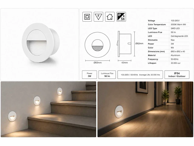 6 x led trapverlichting 3w – 3000k warm wit - rond – wit – ip54 – icon-r - afbeelding 5 van  5