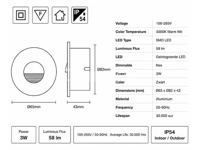 6 x led trapverlichting 3w – 3000k warm wit - rond – zwart – ip54 – icon-r - afbeelding 5 van  5