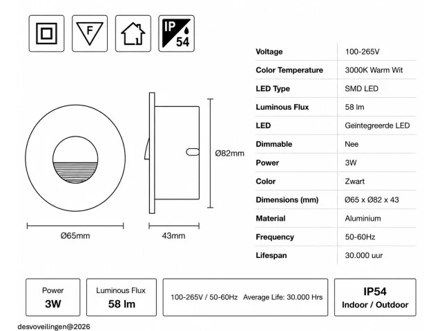 6 x led trapverlichting 3w – 3000k warm wit - rond – zwart – ip54 – icon-r - afbeelding 5 van  6