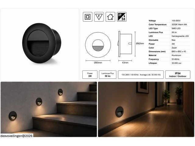 6 x led trapverlichting 3w – 3000k warm wit - rond – zwart – ip54 – icon-r - afbeelding 6 van  6