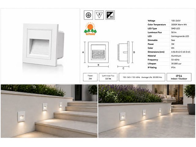 6 x led trapverlichting 3w – 3000k warm wit - vierkant – wit – ip54 – icon-s - afbeelding 2 van  5