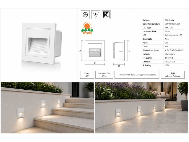 6 x led trapverlichting 3w – 3000k warm wit - vierkant – wit – ip54 – icon-s - afbeelding 5 van  5