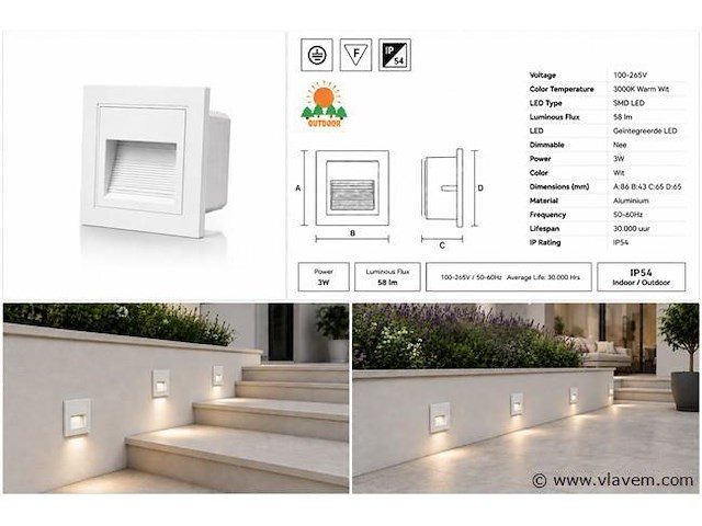 6 x led trapverlichting 3w – 3000k warm wit - vierkant – wit – ip54 – icon-s - afbeelding 5 van  5