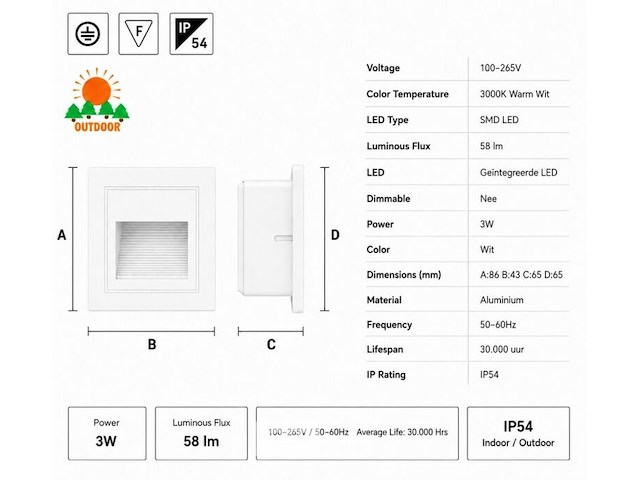 6 x led trapverlichting 3w – 3000k warm wit - vierkant – wit – ip54 – icon-s - afbeelding 5 van  6