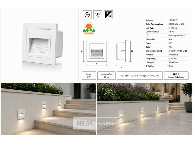 6 x led trapverlichting 3w – 3000k warm wit - vierkant – wit – ip54 – icon-s - afbeelding 6 van  6