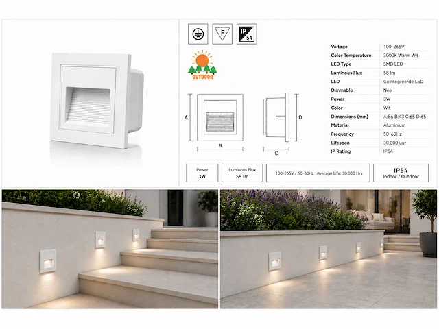 6 x led trapverlichting 3w – 3000k warm wit - vierkant – wit – ip54 – icon-s - afbeelding 5 van  5