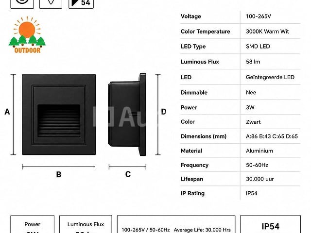 6 x led trapverlichting 3w – 3000k warm wit - vierkant – zwart – ip54 – icon-s - afbeelding 3 van  5