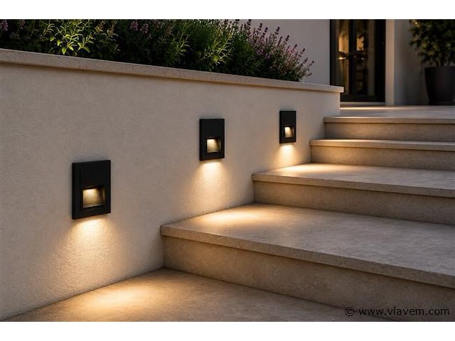 6 x led trapverlichting 3w – 3000k warm wit - vierkant – zwart – ip54 – icon-s - afbeelding 3 van  5