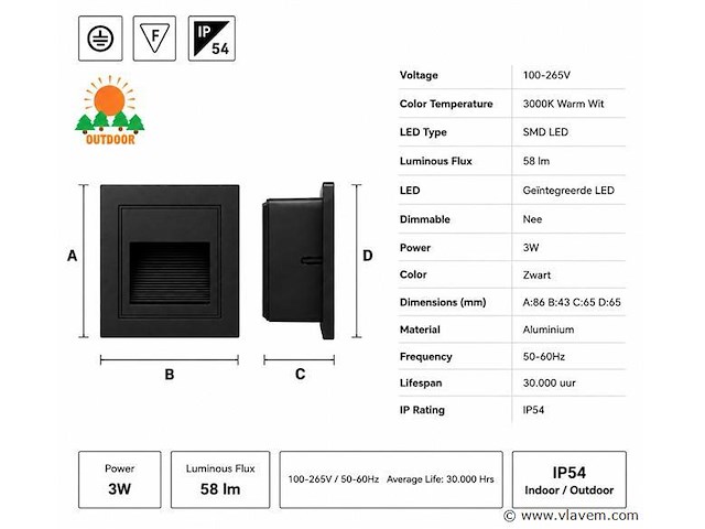 6 x led trapverlichting 3w – 3000k warm wit - vierkant – zwart – ip54 – icon-s - afbeelding 4 van  5