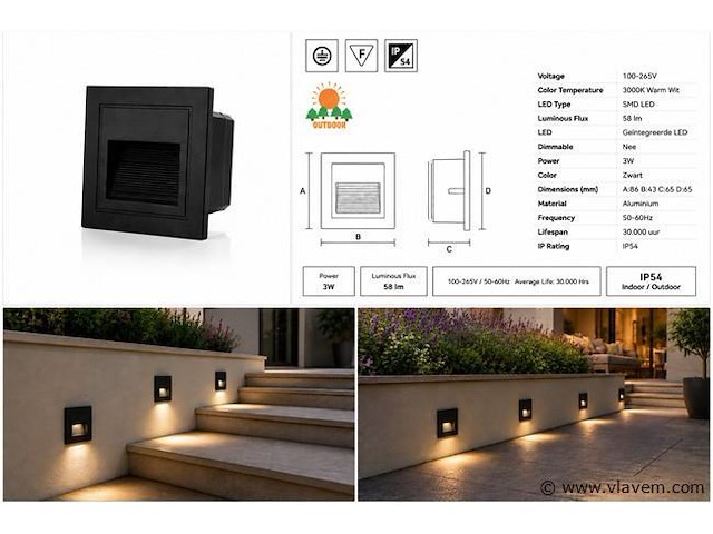 6 x led trapverlichting 3w – 3000k warm wit - vierkant – zwart – ip54 – icon-s - afbeelding 5 van  5