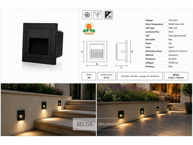 6 x led trapverlichting 3w – 3000k warm wit - vierkant – zwart – ip54 – icon-s - afbeelding 6 van  6