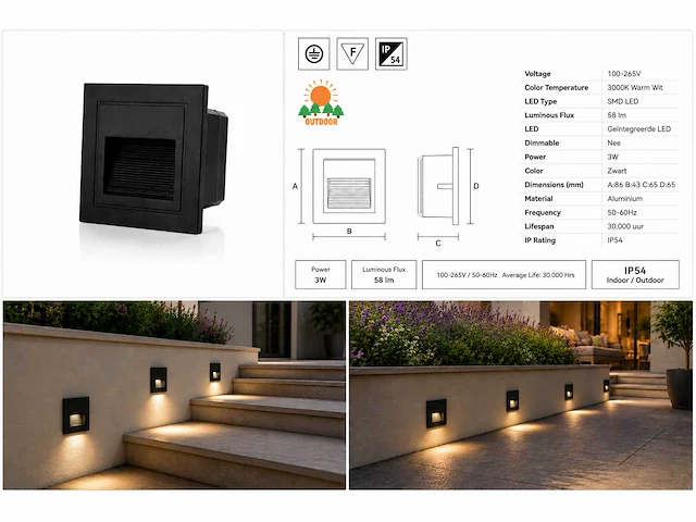 6 x led trapverlichting 3w – 3000k warm wit - vierkant – zwart – ip54 – icon-s - afbeelding 5 van  5