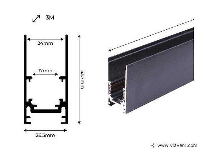 6 x magnetische rail voor opbouw – 20mm – 48v – 2 meter – zwart - afbeelding 5 van  5